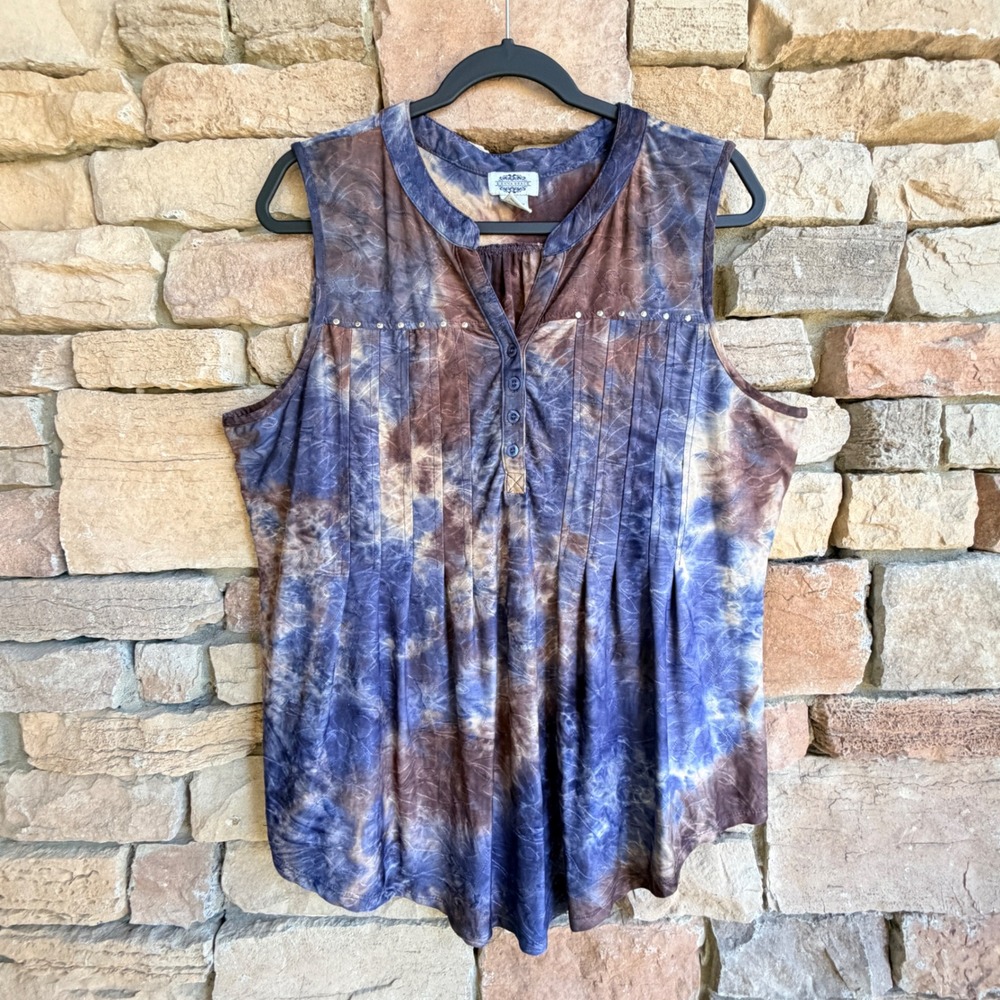 Sienna Grace Women 1X Forest Fairy Tie Dye Studded Pleated Boho Artsy Tunic Top